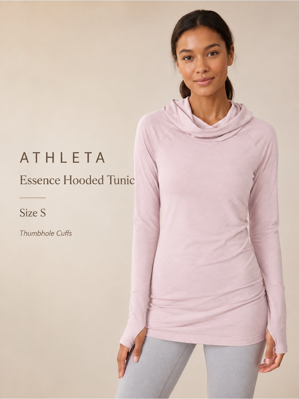 Athleta Essence Hooded Tunic Top Pink Size Small Thumbhole Cowl Neck